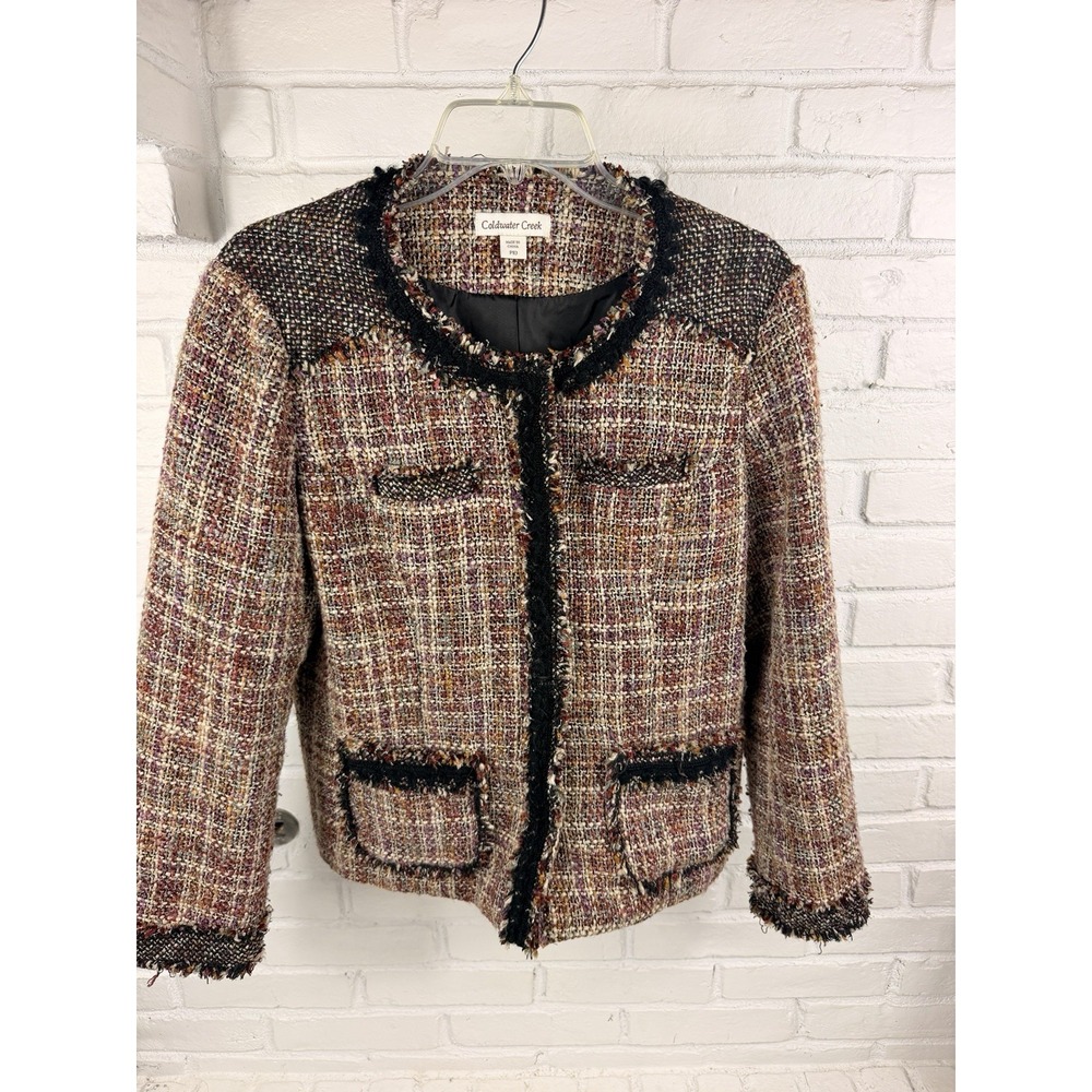 Tweed Coldwater Creek P10 Multicolor Fringe Jacket Boucle Blazer Lined